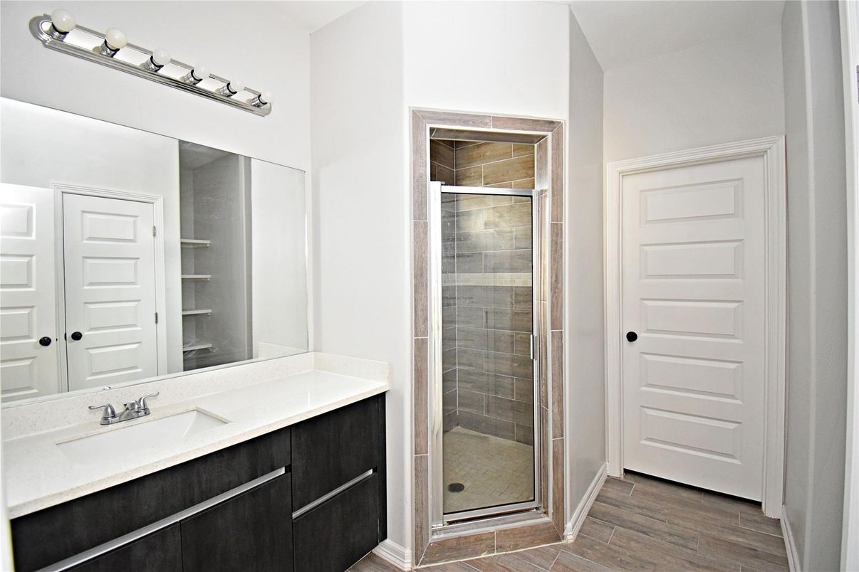 Bathroom, Glass Shower, Interior, Wood Texture Flooring