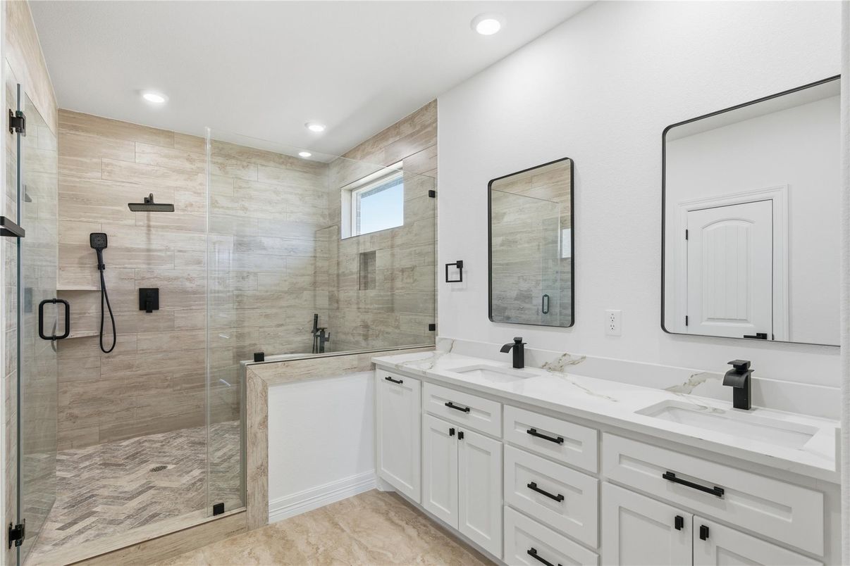 Bathroom, Dual Sink Vanities, Glass Shower, Interior, Recessed Lighting