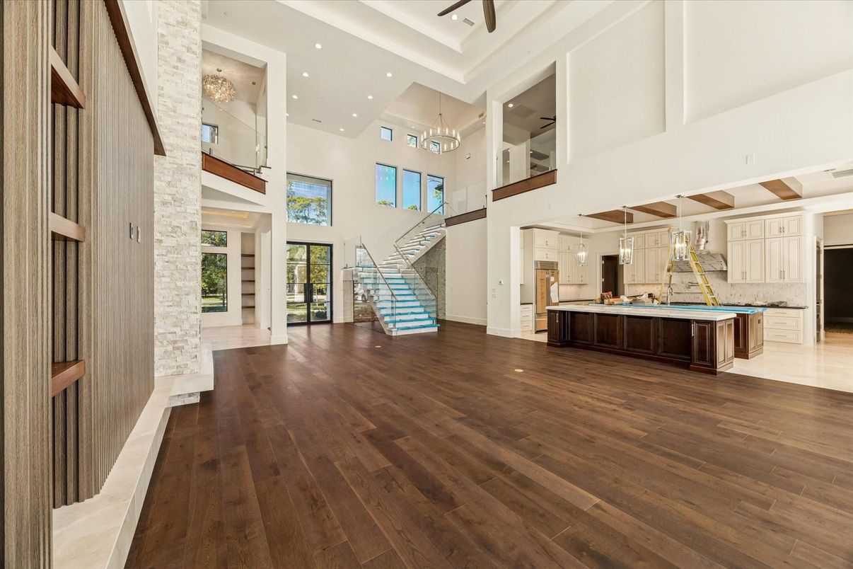 Chandelier, Interior, Kitchen, Pendant Lights, Recessed Lighting, Wood Texture Flooring
