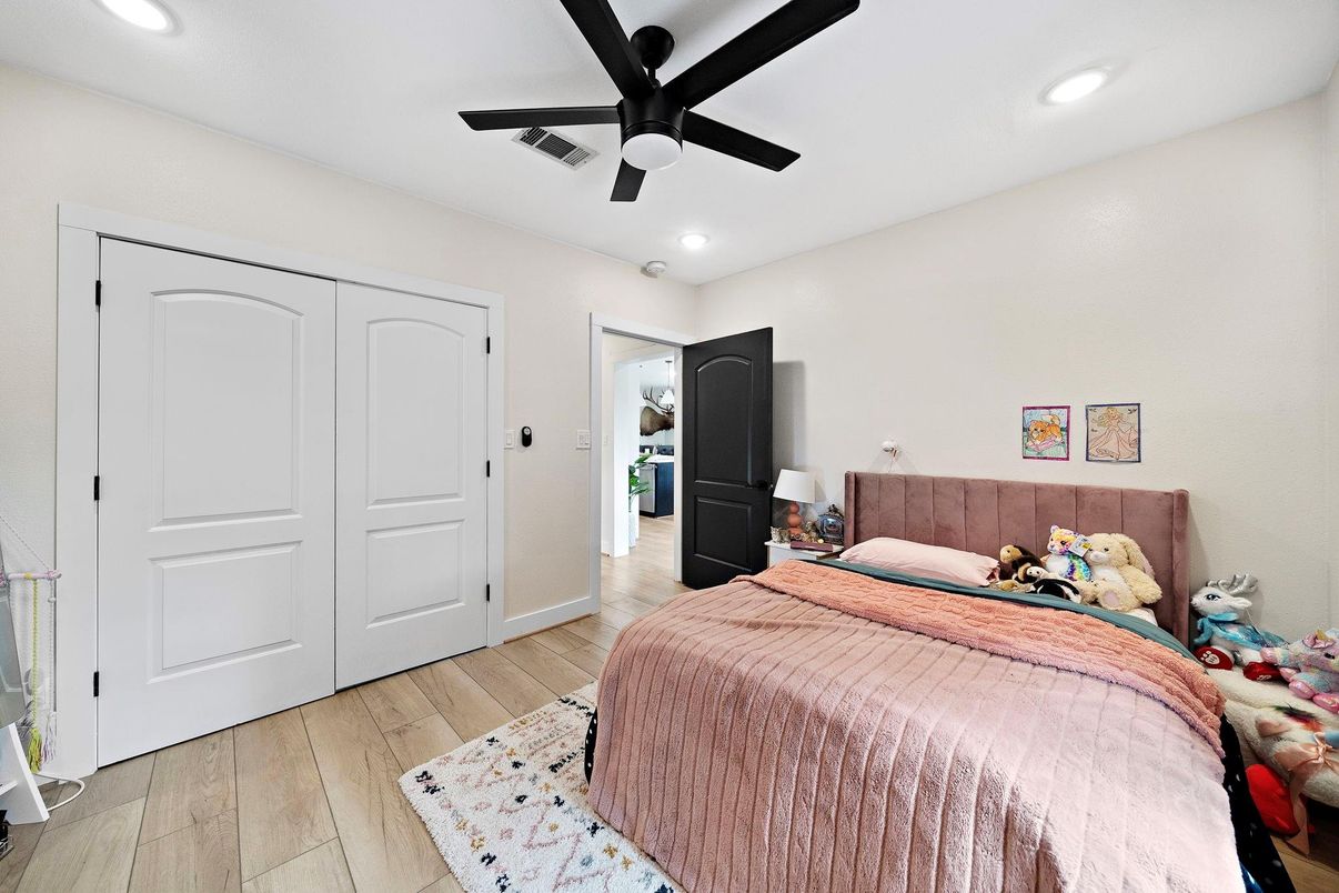 Bedroom, Interior, Recessed Lighting, Wood Texture Flooring