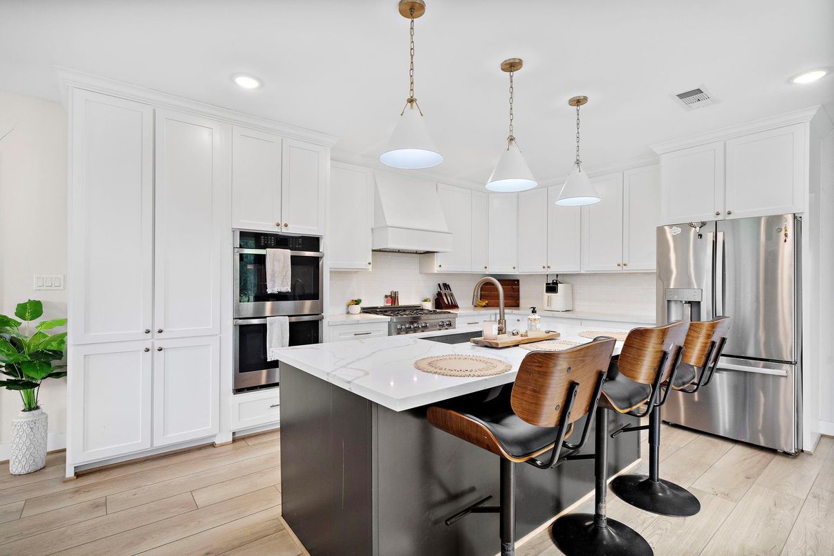 Interior, Kitchen, Pendant Lights, Recessed Lighting, Stainless Steel Appliances, Wood Texture Flooring