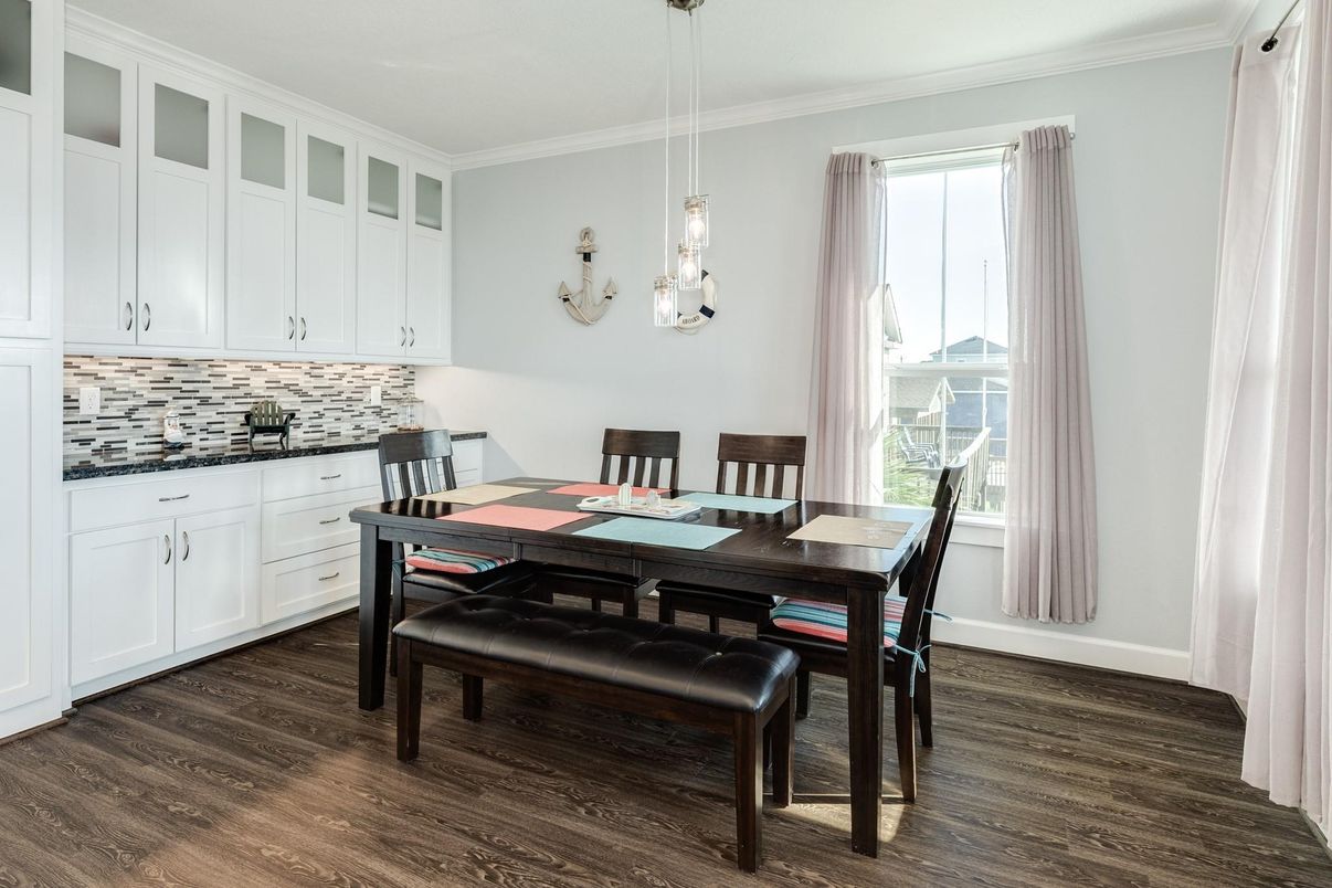 Dining room, Interior, Pendant Lights, Wood Texture Flooring