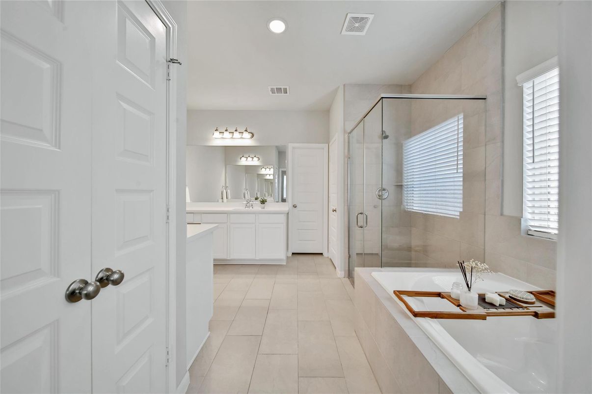 Bathroom, Dual Sink Vanities, Glass Shower, Interior, Recessed Lighting