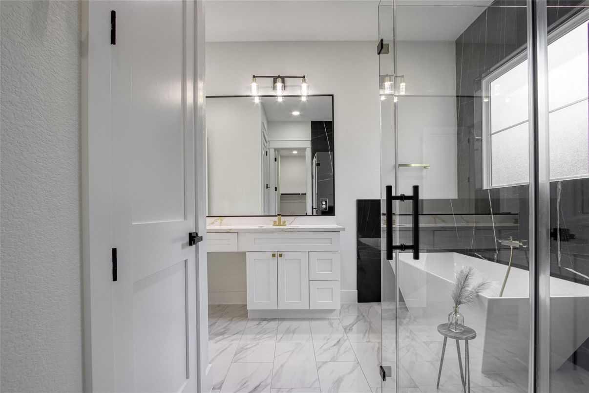 Bathroom, Dual Sink Vanities, Glass Shower, Interior, Marble, Pendant Lights