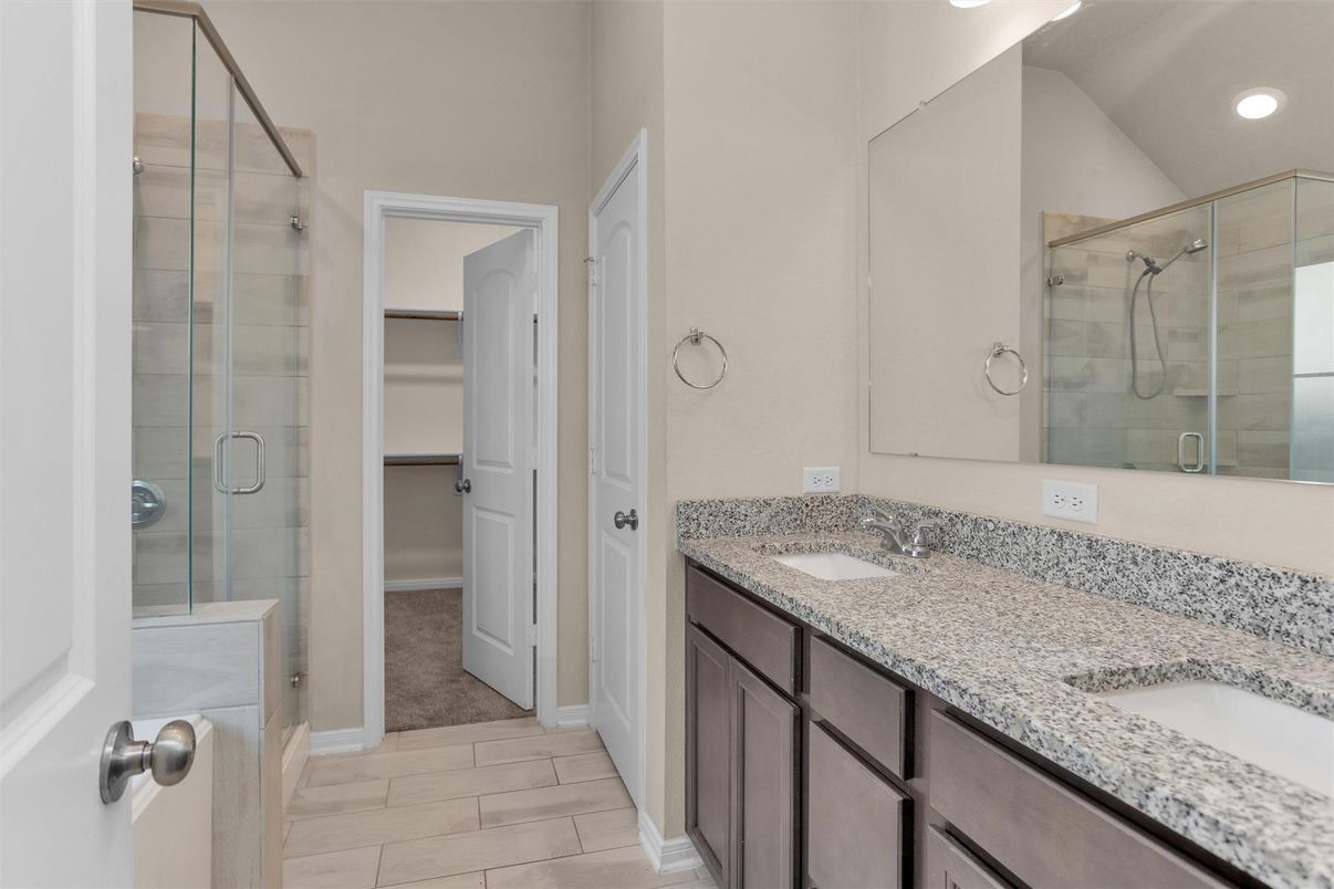 Bathroom, Dual Sink Vanities, Glass Shower, Interior, Recessed Lighting