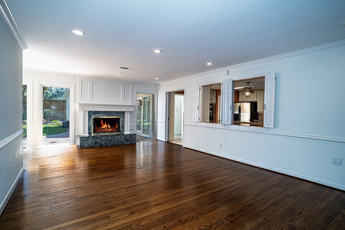 Empty room, Fireplace, Interior, Recessed Lighting, Wood Texture Flooring