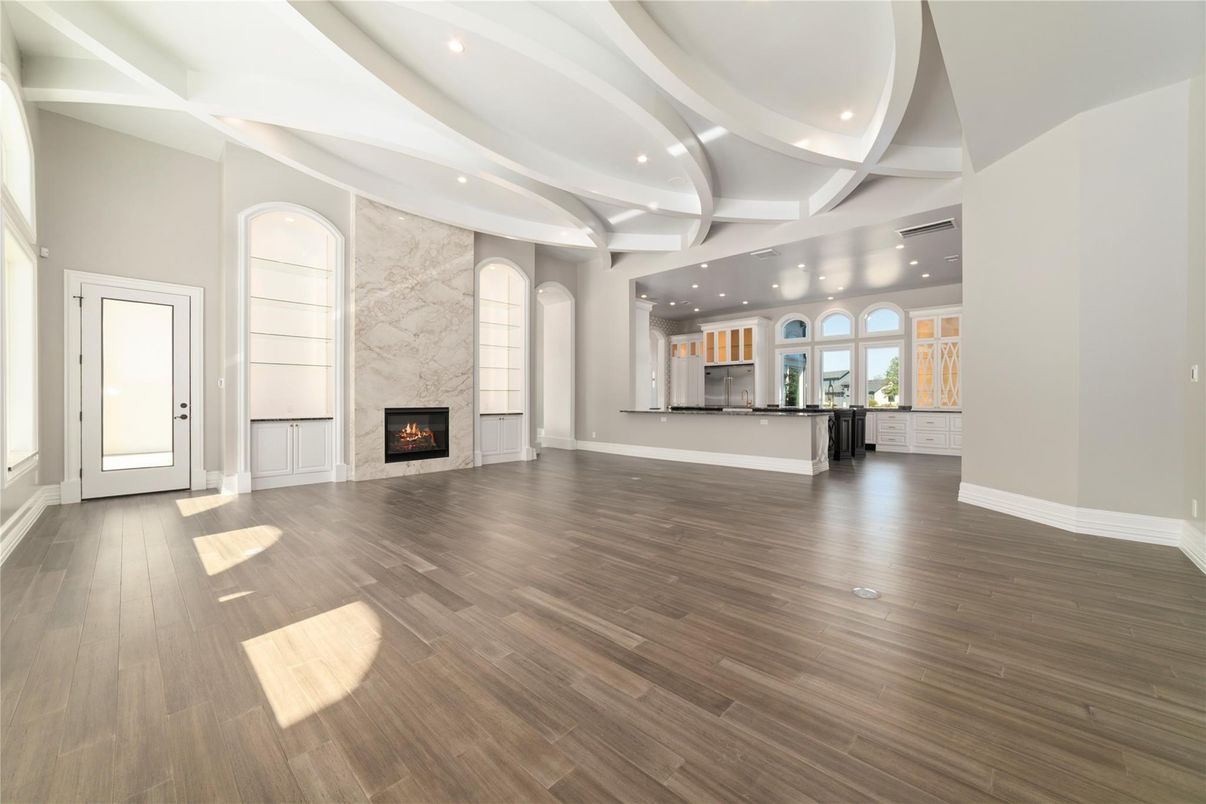 Empty room, Fireplace, Interior, Recessed Lighting, Wood Texture Flooring