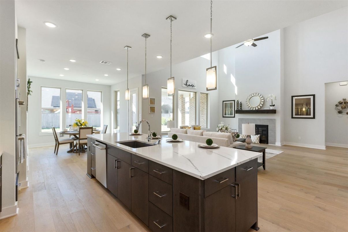 Dining room, Fireplace, Interior, Kitchen, Living room, Pendant Lights, Recessed Lighting, Wood Texture Flooring