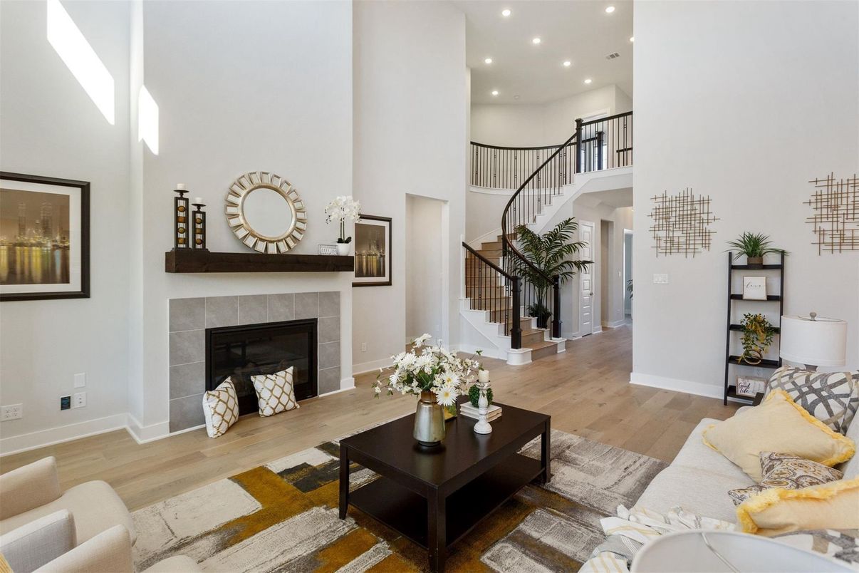 Fireplace, Interior, Living room, Recessed Lighting, Wood Texture Flooring