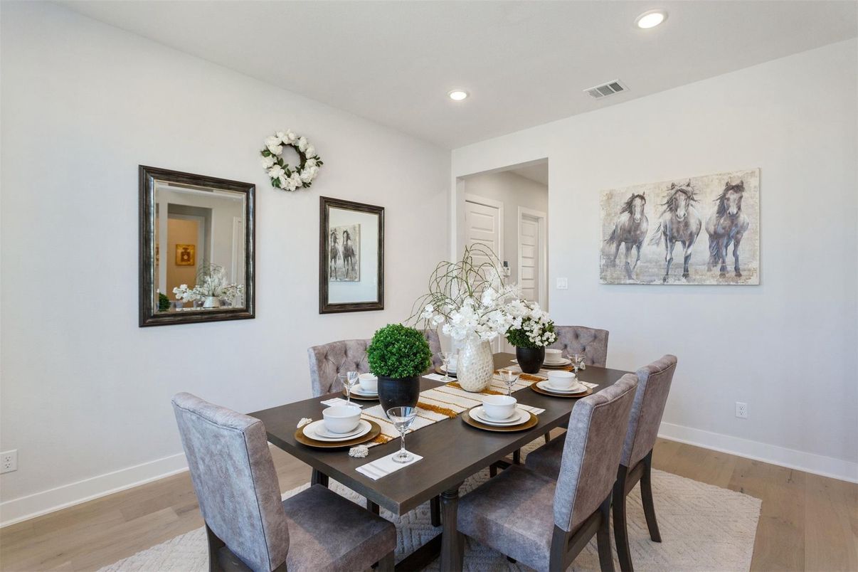 Dining room, Interior, Recessed Lighting, Wood Texture Flooring