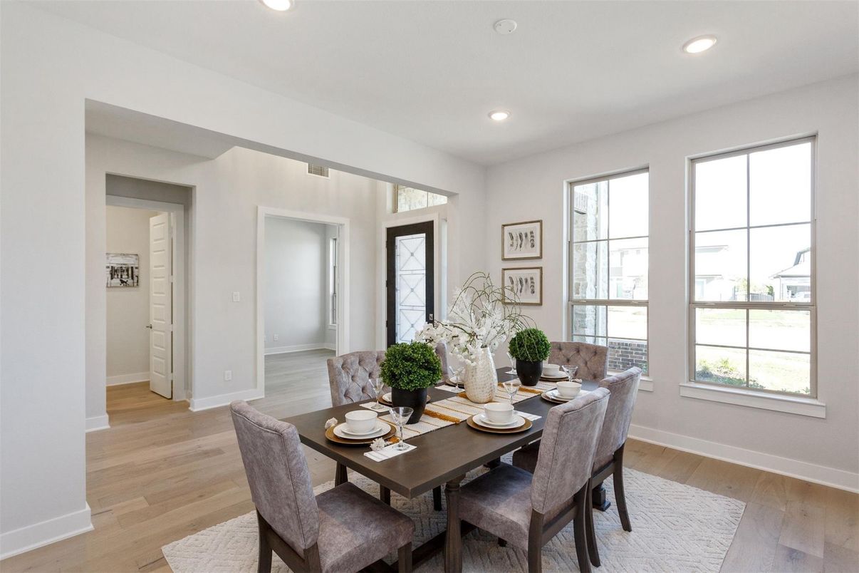 Dining room, Interior, Recessed Lighting, Wood Texture Flooring