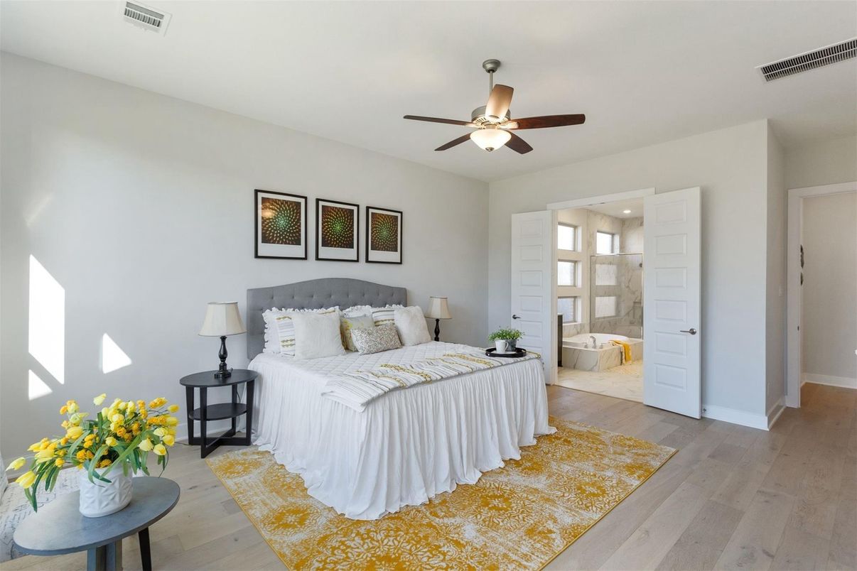 Bedroom, Interior, Recessed Lighting, Wood Texture Flooring