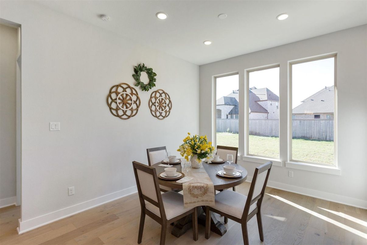 Dining room, Interior, Recessed Lighting, Wood Texture Flooring
