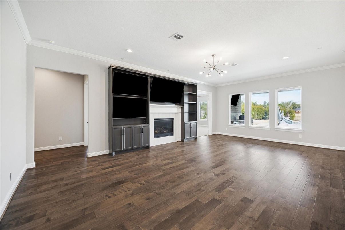 Empty room, Fireplace, Interior, Pendant Lights, Recessed Lighting, Wood Texture Flooring