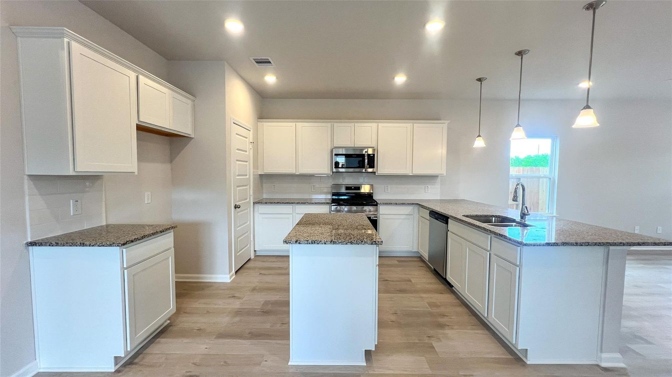 Interior, Kitchen, Pendant Lights, Recessed Lighting, Stainless Steel Appliances, Wood Texture Flooring