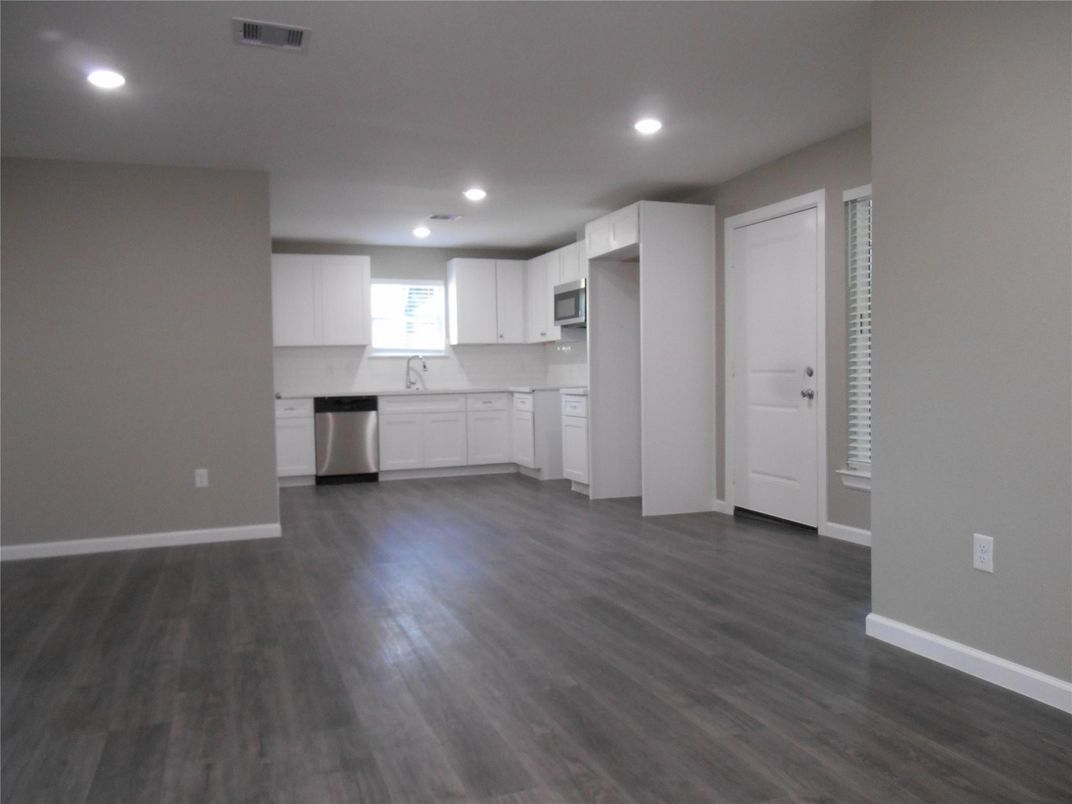 Interior, Kitchen, Recessed Lighting, Stainless Steel Appliances, Wood Texture Flooring