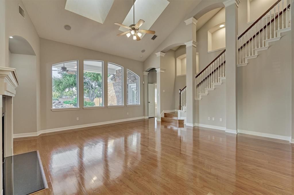 Empty room, Fireplace, Interior, Recessed Lighting, Wood Texture Flooring