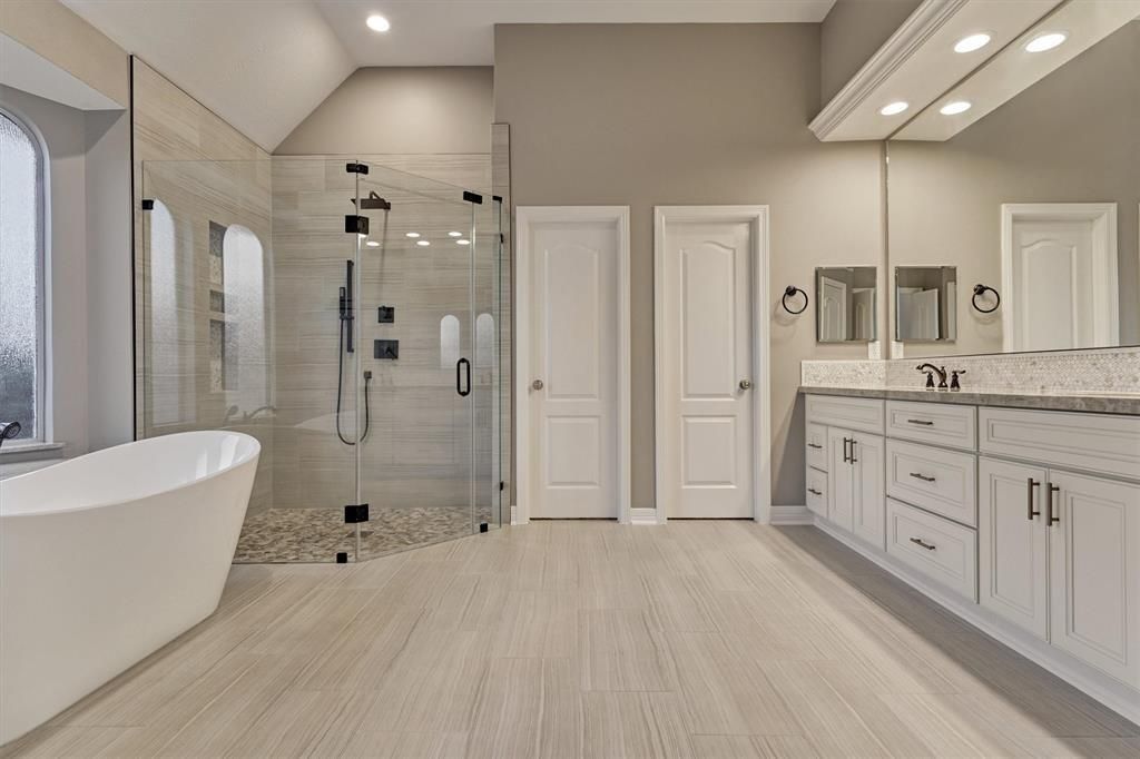 Bathroom, Dual Sink Vanities, Free Standing Baths, Glass Shower, Interior, Recessed Lighting