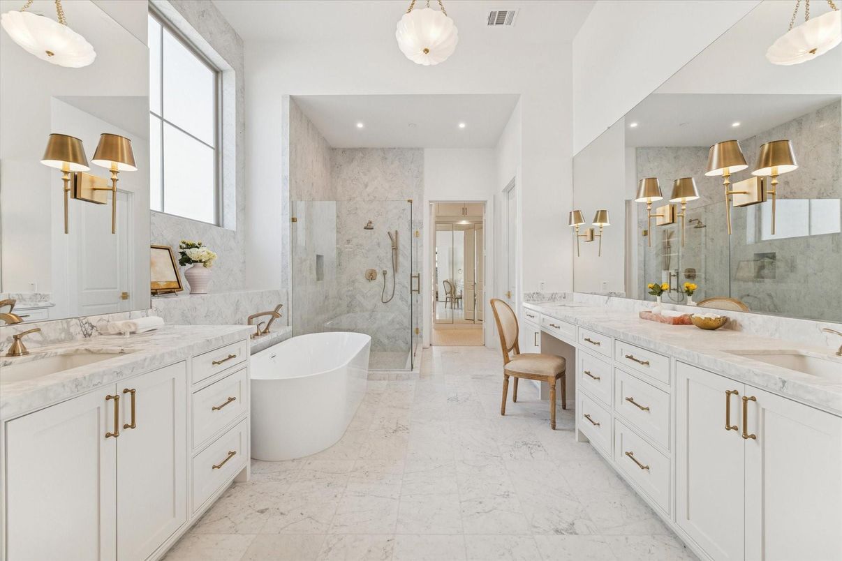 Bathroom, Dual Sink Vanities, Free Standing Baths, Glass Shower, Interior, Marble, Marble Walls, Recessed Lighting