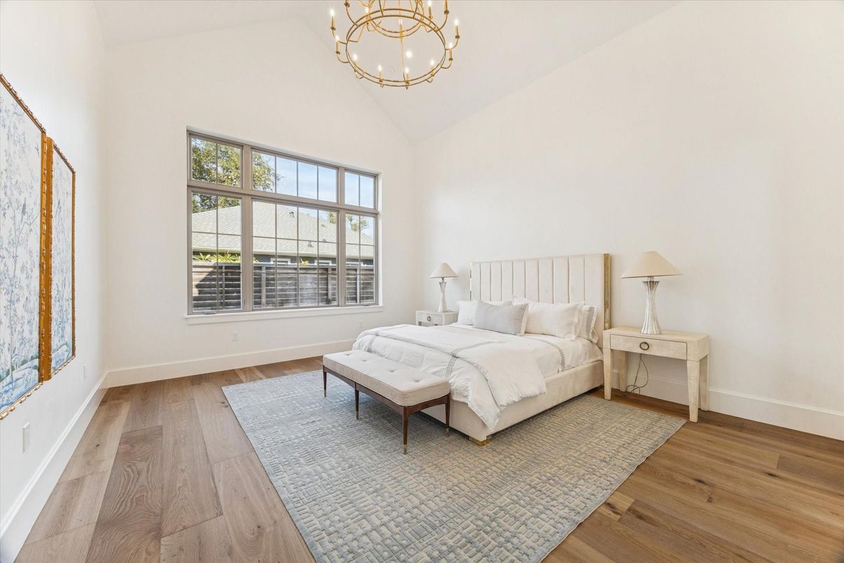 Bedroom, Chandelier, Interior, Wood Texture Flooring