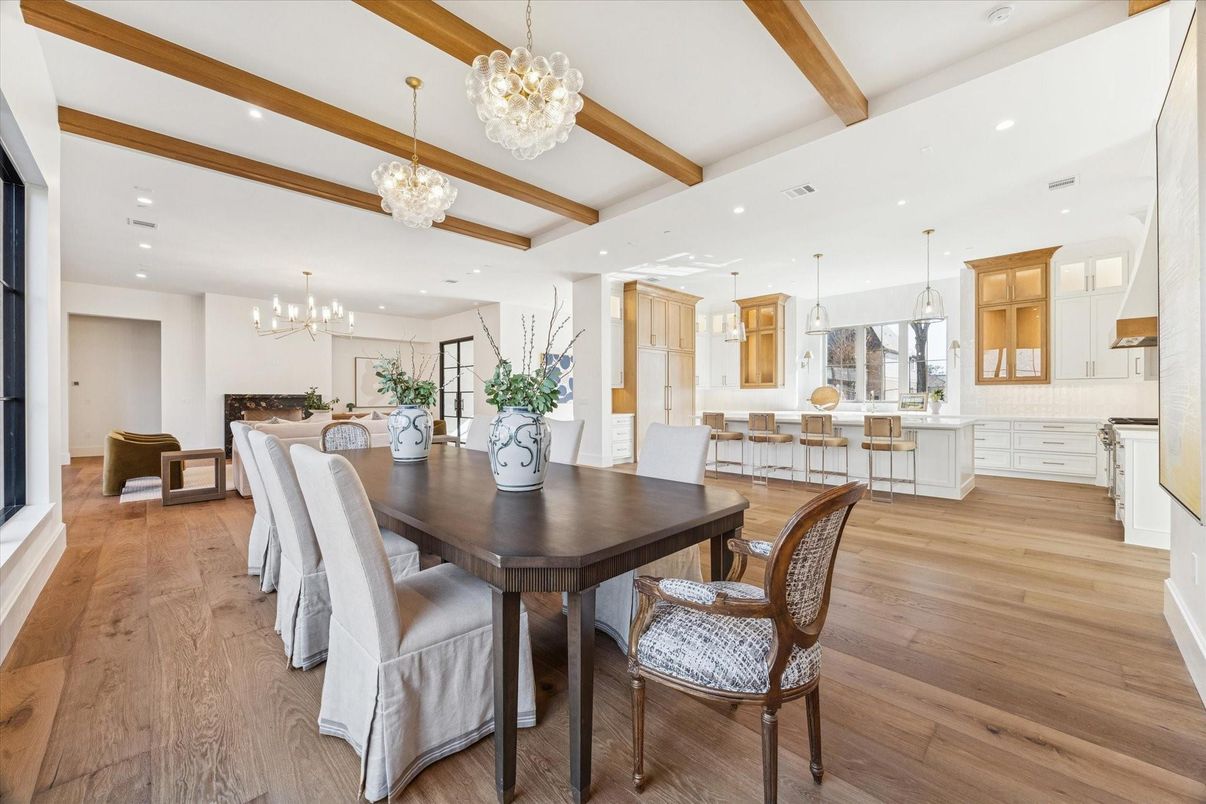 Chandelier, Dining room, Interior, Kitchen, Pendant Lights, Recessed Lighting, Wooden Beams, Wood Texture Flooring