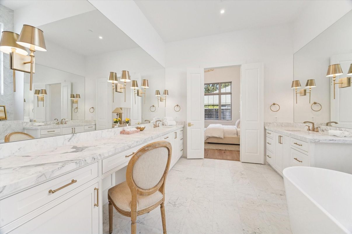 Bathroom, Dual Sink Vanities, Free Standing Baths, Interior, Marble, Recessed Lighting, Wood Texture Flooring