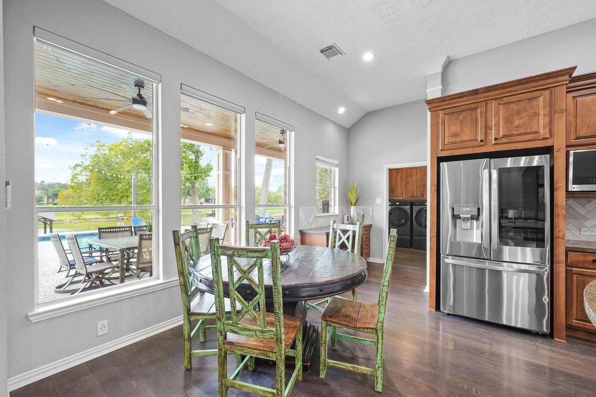 Dining room, Interior, Kitchen, Recessed Lighting, Stainless Steel Appliances, Wood Texture Flooring