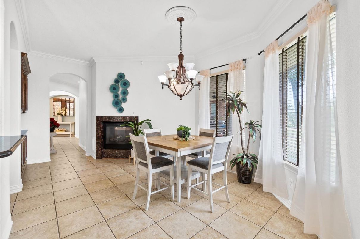Chandelier, Dining room, Fireplace, Interior