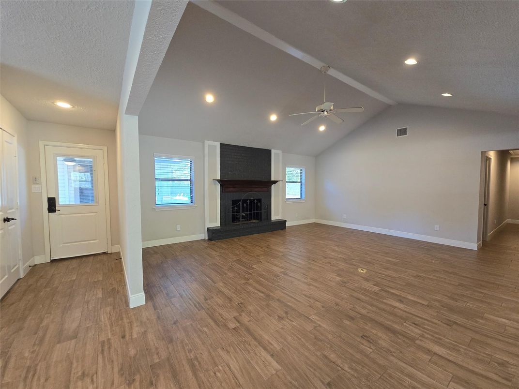 Empty room, Fireplace, Interior, Recessed Lighting, Wood Texture Flooring