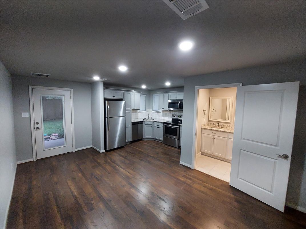 Interior, Kitchen, Recessed Lighting, Stainless Steel Appliances, Wood Texture Flooring