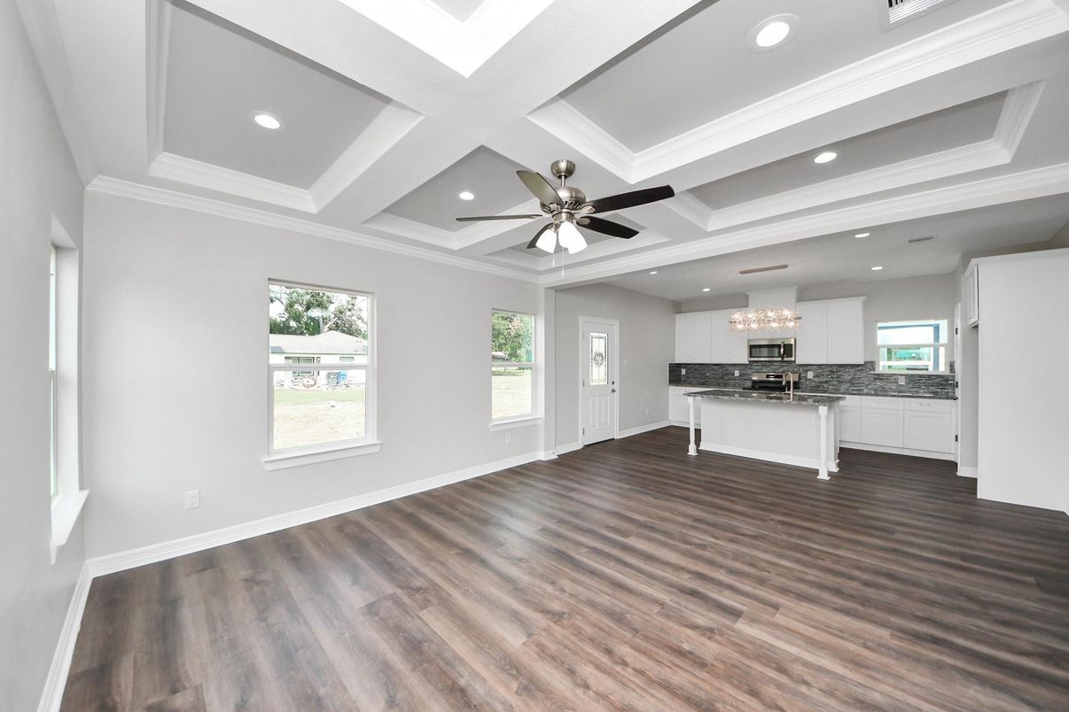 Chandelier, Empty room, Interior, Kitchen, Recessed Lighting, Wood Texture Flooring