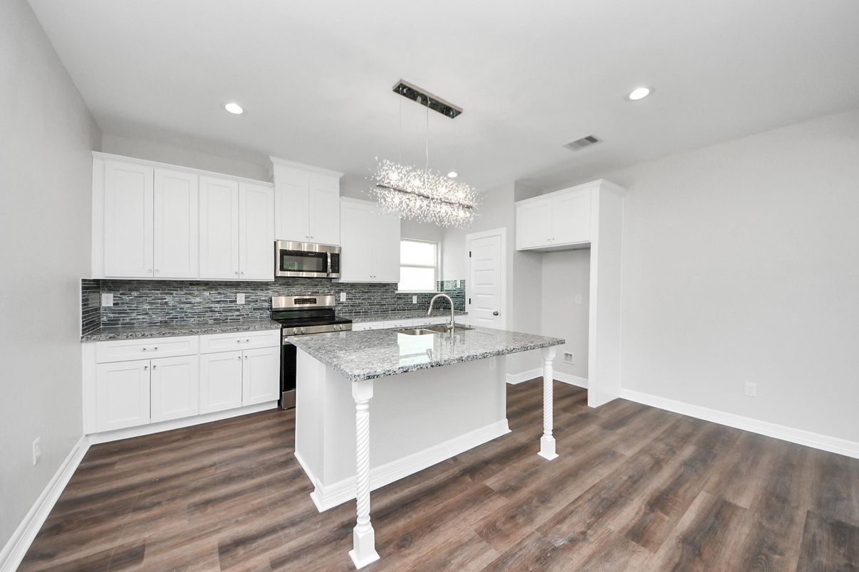Chandelier, Interior, Kitchen, Pendant Lights, Recessed Lighting, Stainless Steel Appliances, Wood Texture Flooring