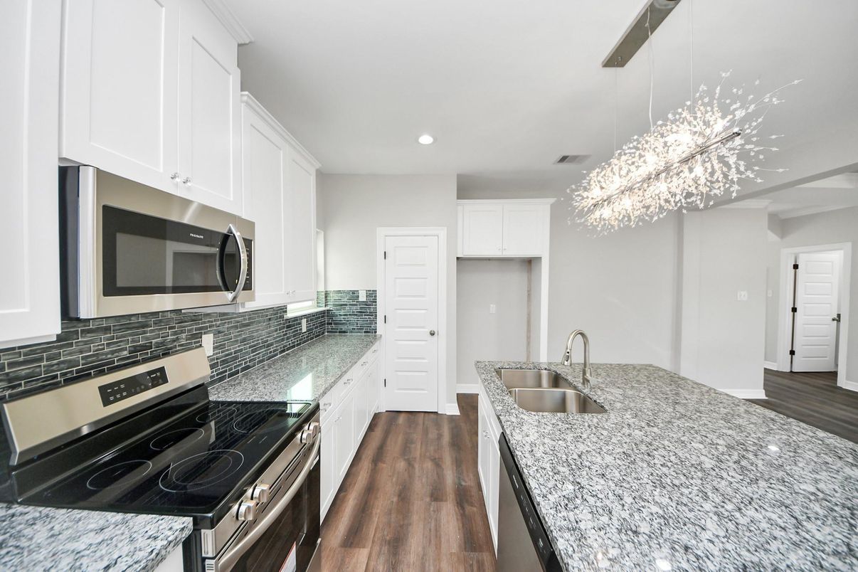 Chandelier, Interior, Kitchen, Pendant Lights, Recessed Lighting, Wood Texture Flooring