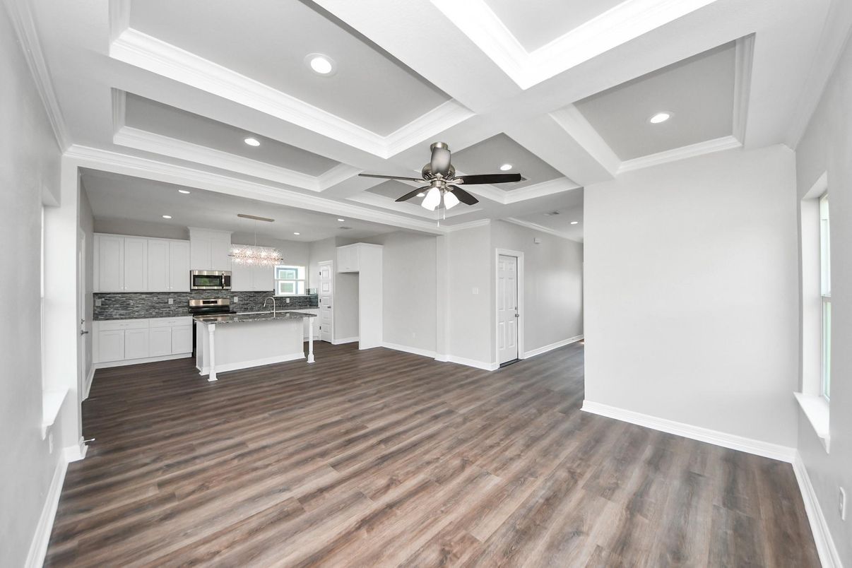 Chandelier, Empty room, Interior, Kitchen, Recessed Lighting, Wood Texture Flooring