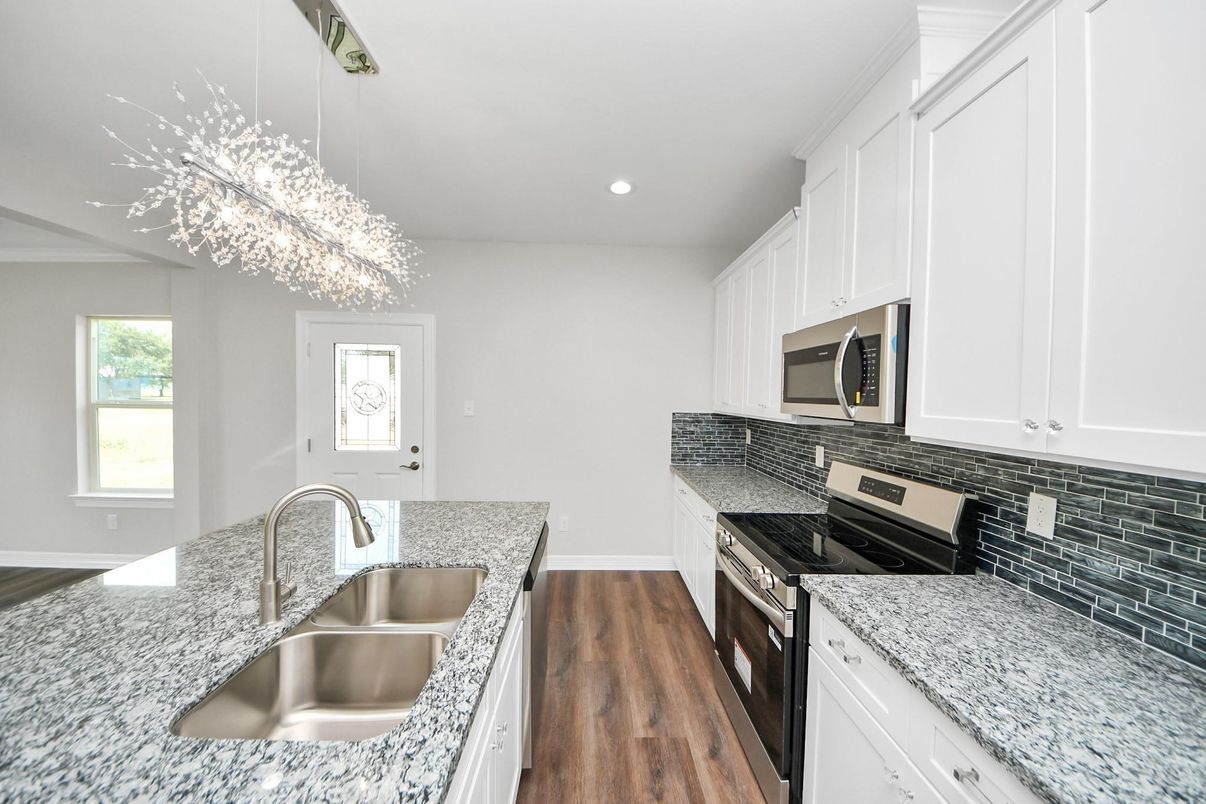 Chandelier, Interior, Kitchen, Recessed Lighting, Wood Texture Flooring