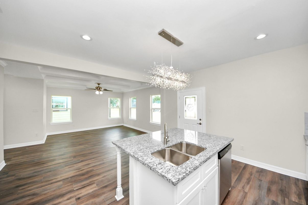 Chandelier, Interior, Kitchen, Recessed Lighting, Wood Texture Flooring