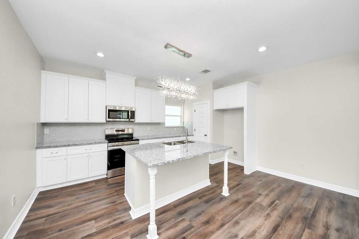 Chandelier, Interior, Kitchen, Recessed Lighting, Stainless Steel Appliances, Wood Texture Flooring