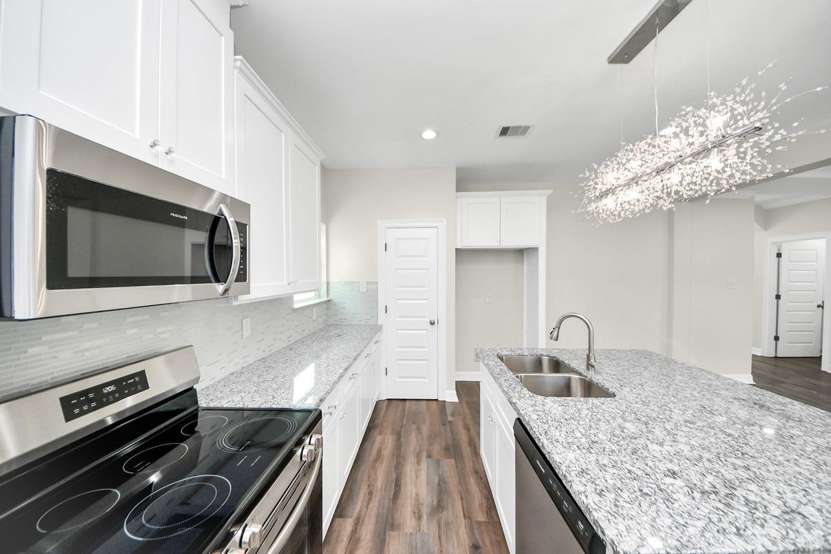 Chandelier, Interior, Kitchen, Pendant Lights, Recessed Lighting, Stainless Steel Appliances, Wood Texture Flooring