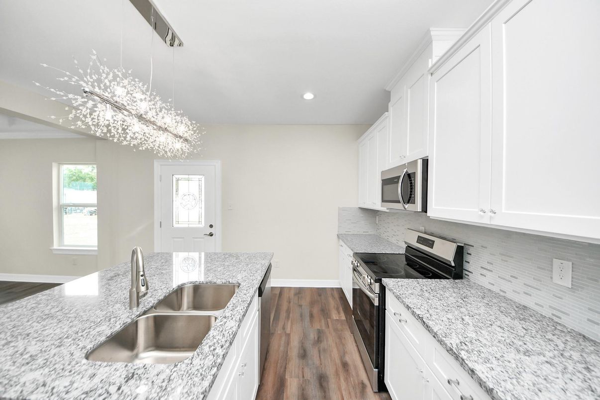 Chandelier, Interior, Kitchen, Recessed Lighting, Stainless Steel Appliances, Wood Texture Flooring