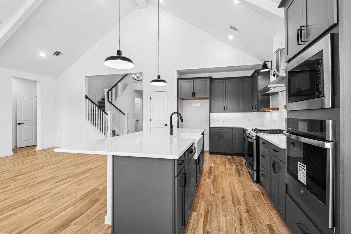 Interior, Kitchen, Pendant Lights, Recessed Lighting, Stainless Steel Appliances, Wood Texture Flooring