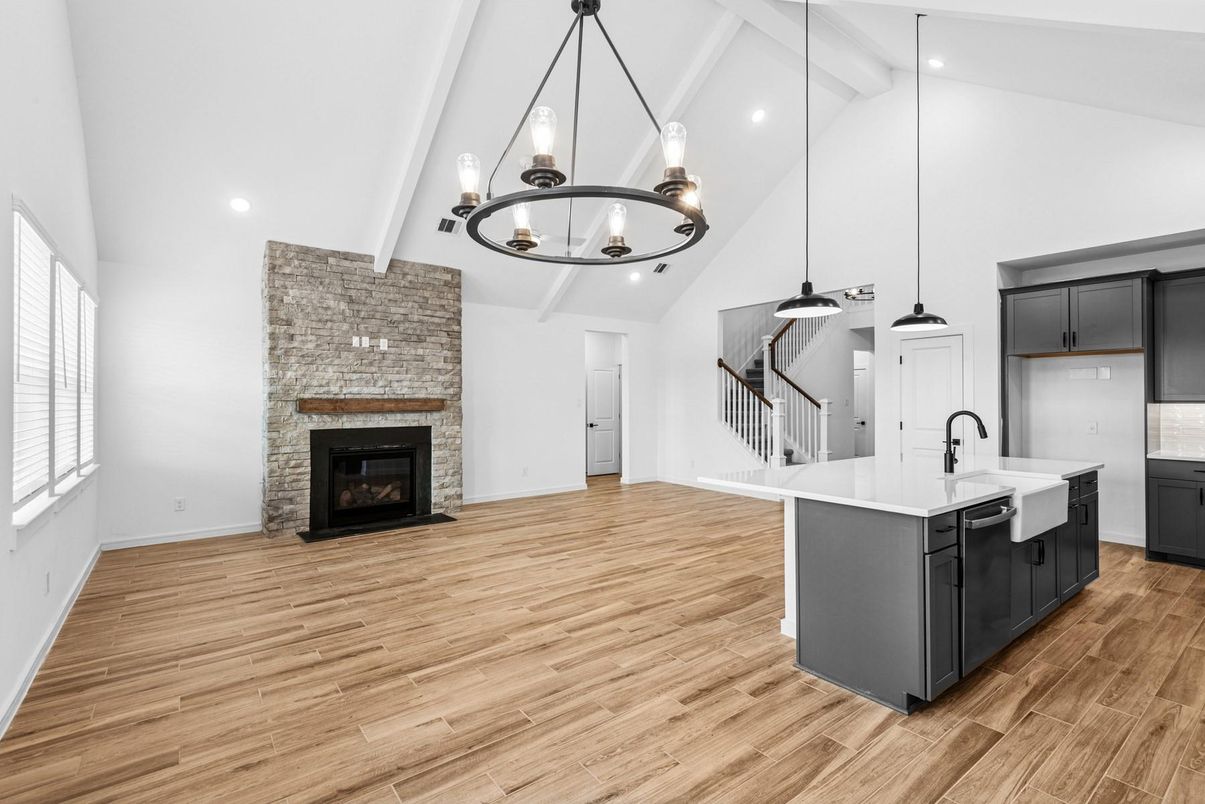 Chandelier, Fireplace, Interior, Kitchen, Pendant Lights, Recessed Lighting, Wood Texture Flooring