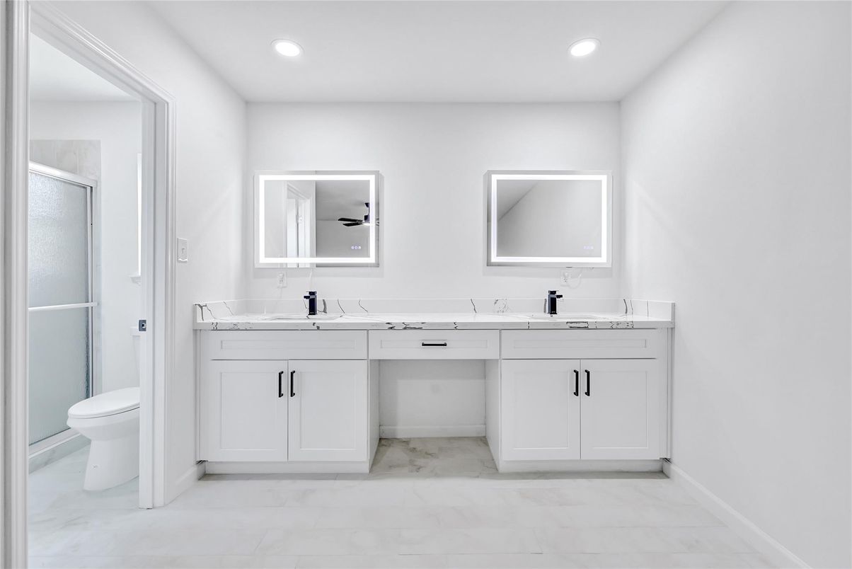 Bathroom, Dual Sink Vanities, Interior, Marble, Recessed Lighting
