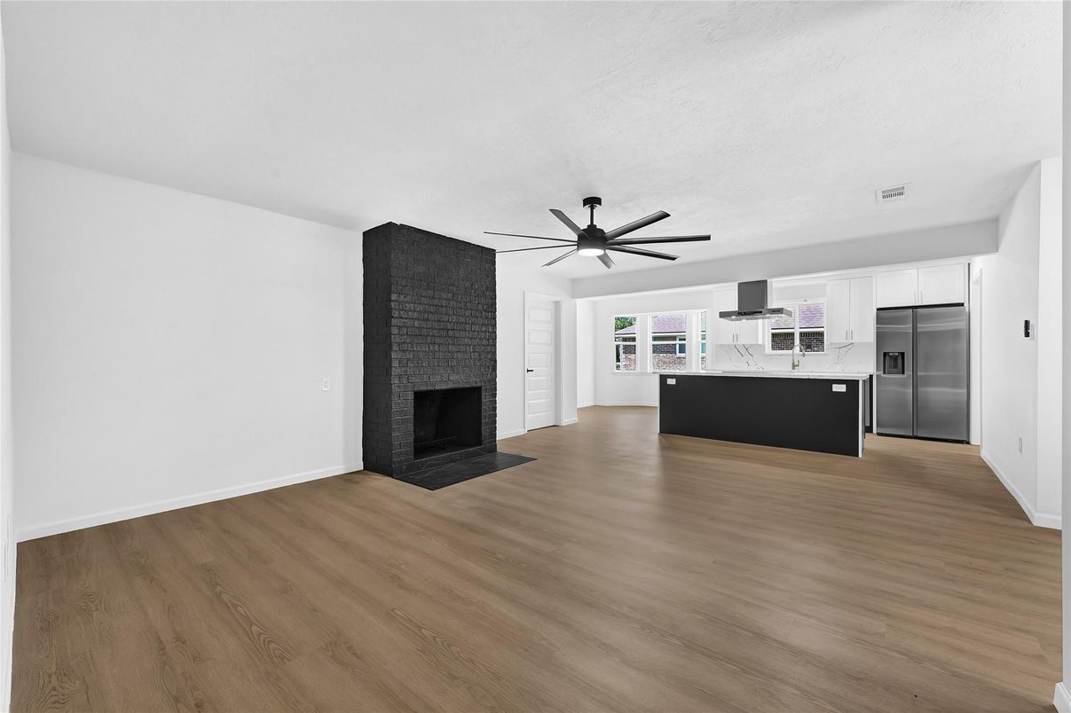 Empty room, Fireplace, Interior, Kitchen, Wood Texture Flooring
