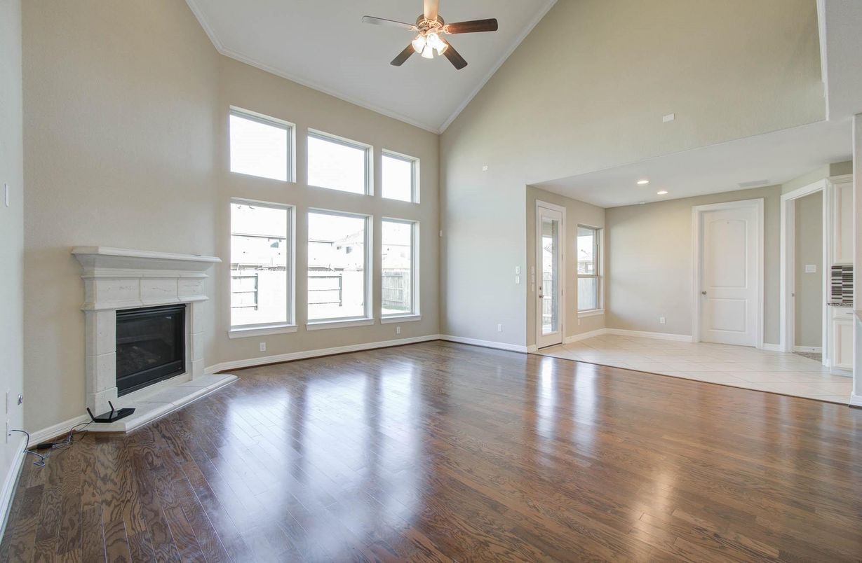 Empty room, Fireplace, Interior, Recessed Lighting, Wood Texture Flooring