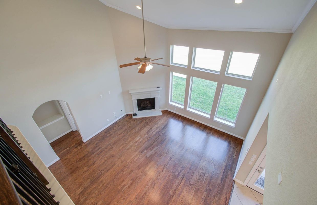 Empty room, Fireplace, Interior, Recessed Lighting, Wood Texture Flooring