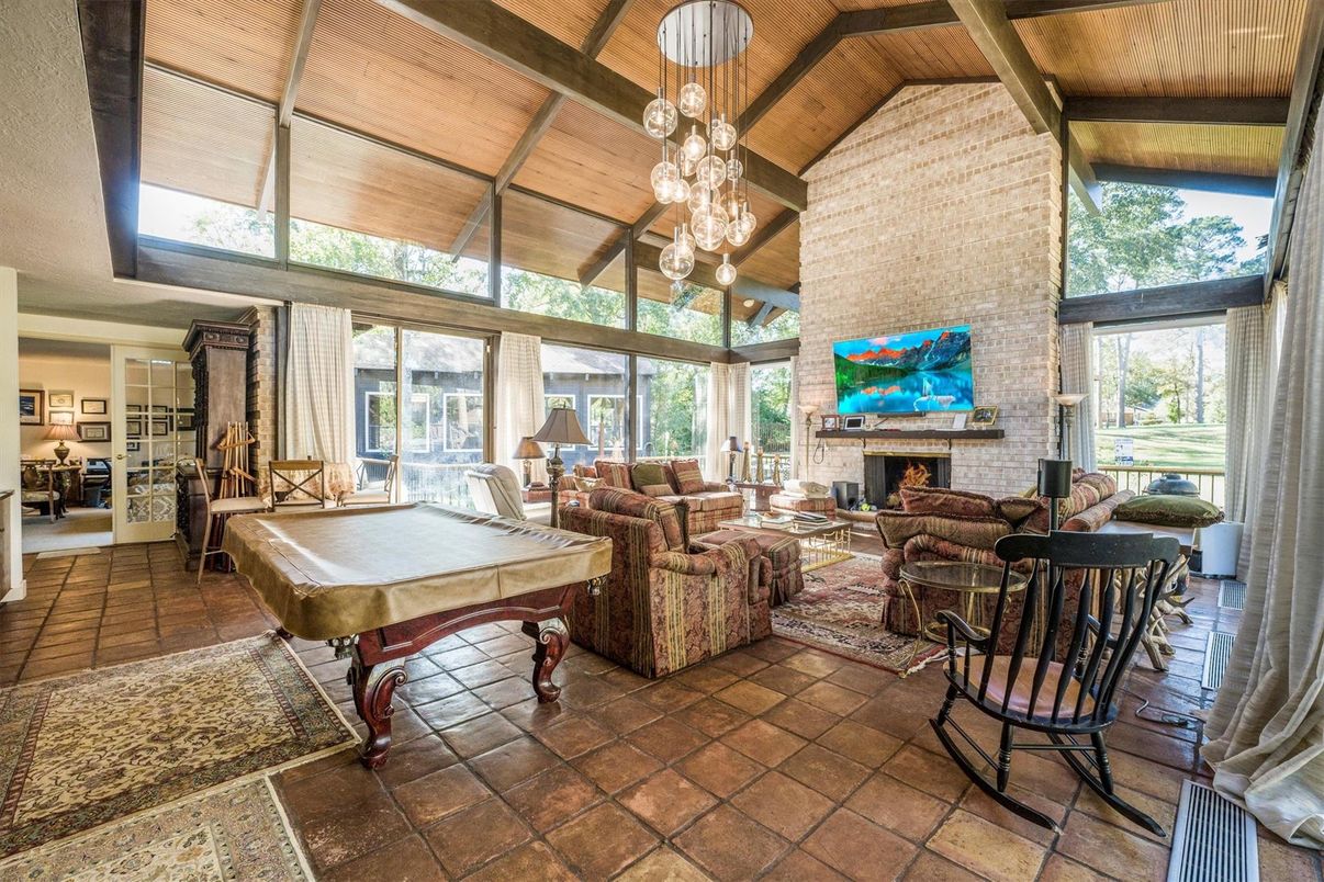 Billiard Table, Fireplace, Game Room, Interior, Living room, Pendant Lights, Stone Walls, Wooden Beams, Wooden Ceilings