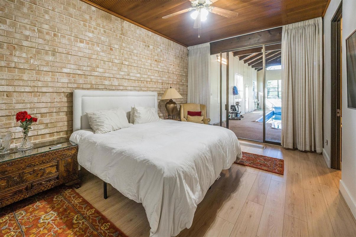 Bedroom, Interior, Stone Walls, Wood Texture Flooring
