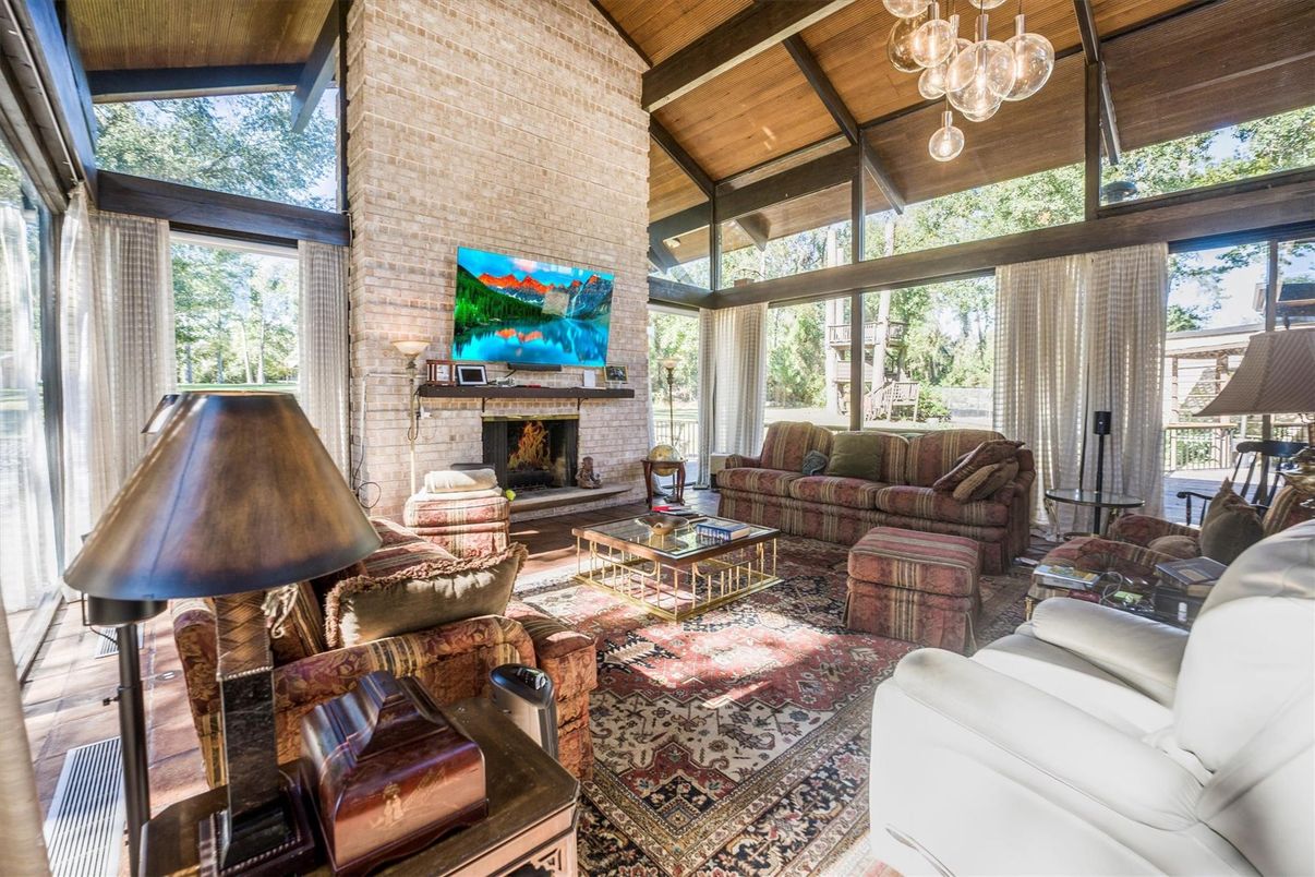 Fireplace, Interior, Living room, Pendant Lights, Stone Walls, Wooden Beams, Wooden Ceilings, Wood Texture Flooring