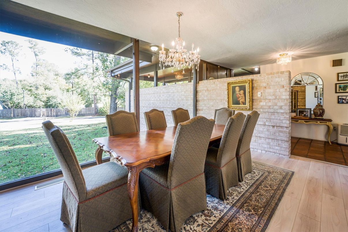 Chandelier, Dining room, Interior, Stone Walls, Wood Texture Flooring