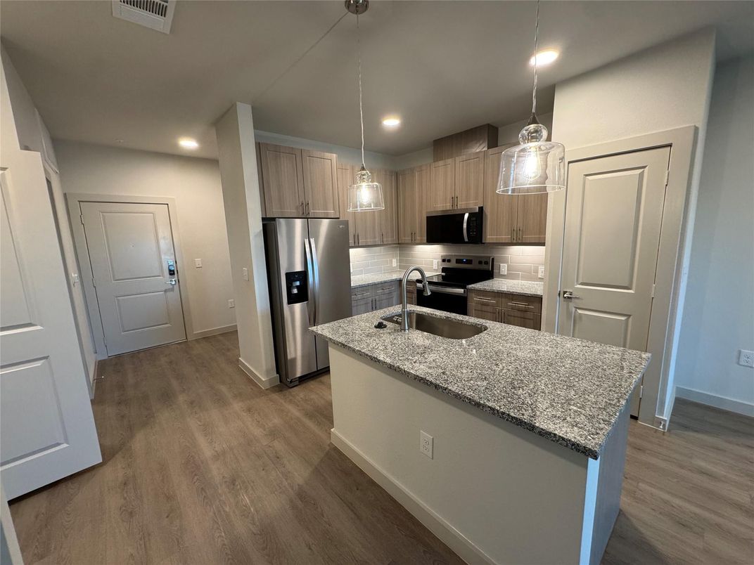 Interior, Kitchen, Pendant Lights, Recessed Lighting, Stainless Steel Appliances, Wood Texture Flooring